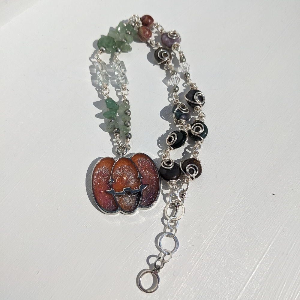๐SOLD๐ Pumpkin Necklace Silver Crystals Jasper Green Aventurine Artisan Resin - Picture 9 of 14
